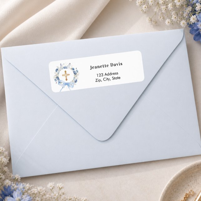 Blue floral wreath cross return address  (Creator Uploaded)