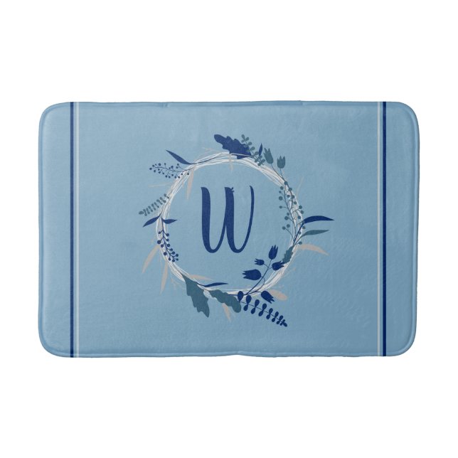 Blue Floral Wreath Custom Monogram Stripes Bath Mat (Front)