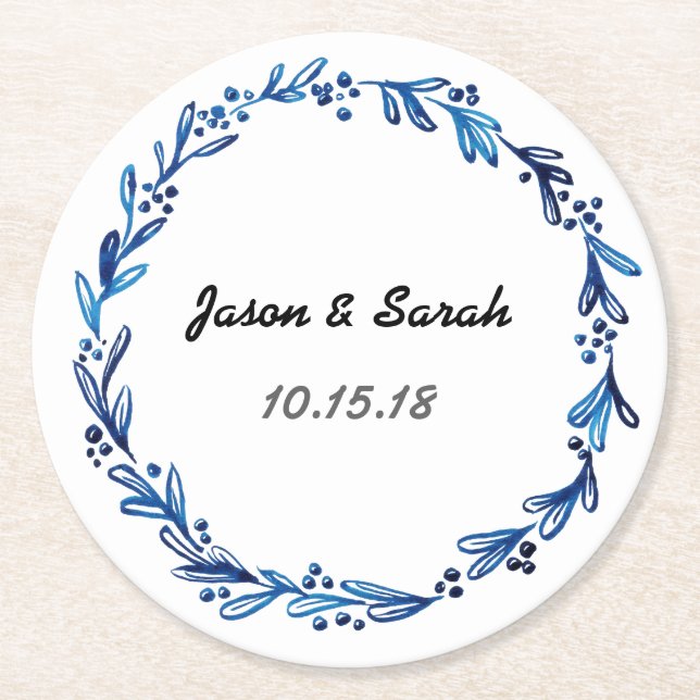 Blue Floral Wreath Customisable Round Paper Coaster (Front)