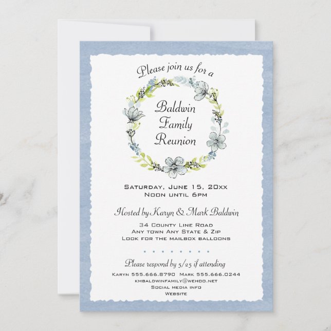 Blue Floral Wreath Family Reunion Invitation (Front)