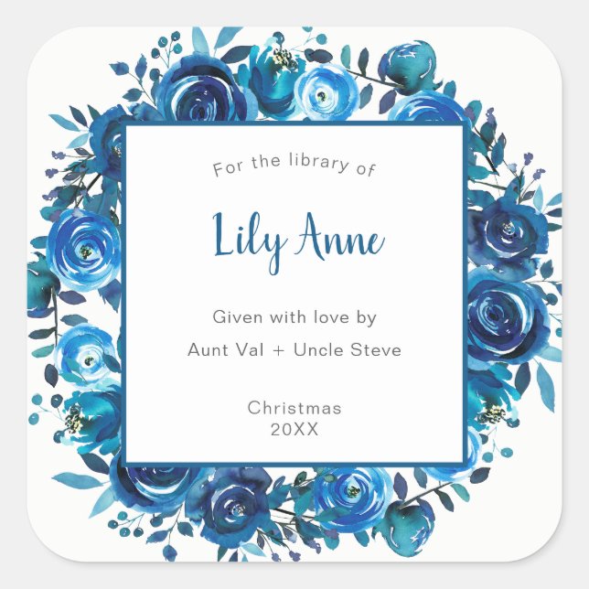 Blue Floral Wreath gift bookplate sticker (Front)