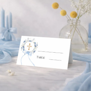 Blue floral wreath gold cross boy baptism place card