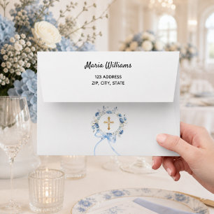 Blue floral wreath gold cross return address envelope