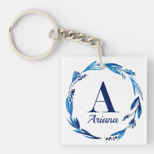 Blue Floral Wreath Monogram 'A' Key Ring