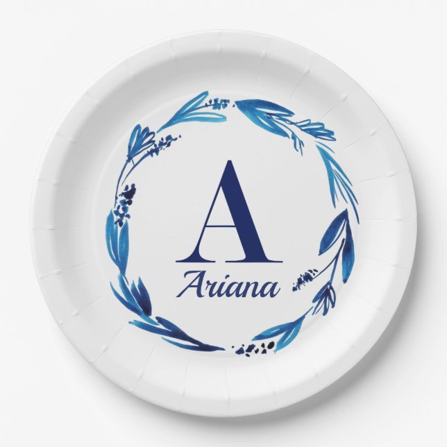Blue Floral Wreath Monogram 'A' Paper Plate (Front)