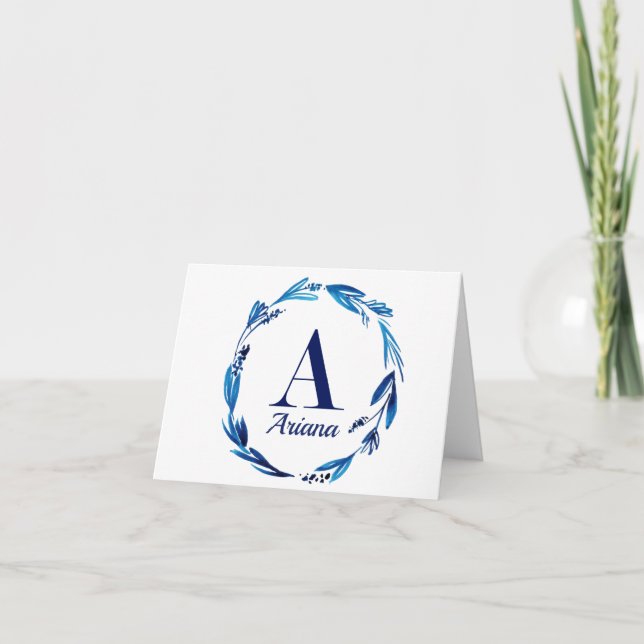 Blue Floral Wreath Monogram 'A' Thank You Card (Front)