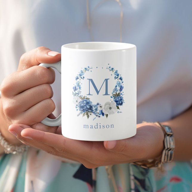 Blue Floral Wreath Monogram  Coffee Mug (Blue Floral Wreath Monogram Coffee Mug with your Initial & Name)