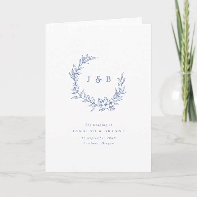 Blue Floral Wreath Monogram Folded Wedding  Programme (Front)