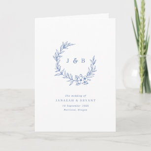 Blue Floral Wreath Monogram Folded Wedding  Programme