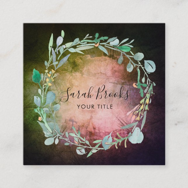 Blue Floral Wreath Monogram On Mossy Dark Greens Square Business Card (Front)