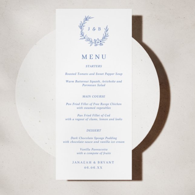 Blue Floral Wreath Monogram Wedding Menu (Creator Uploaded)