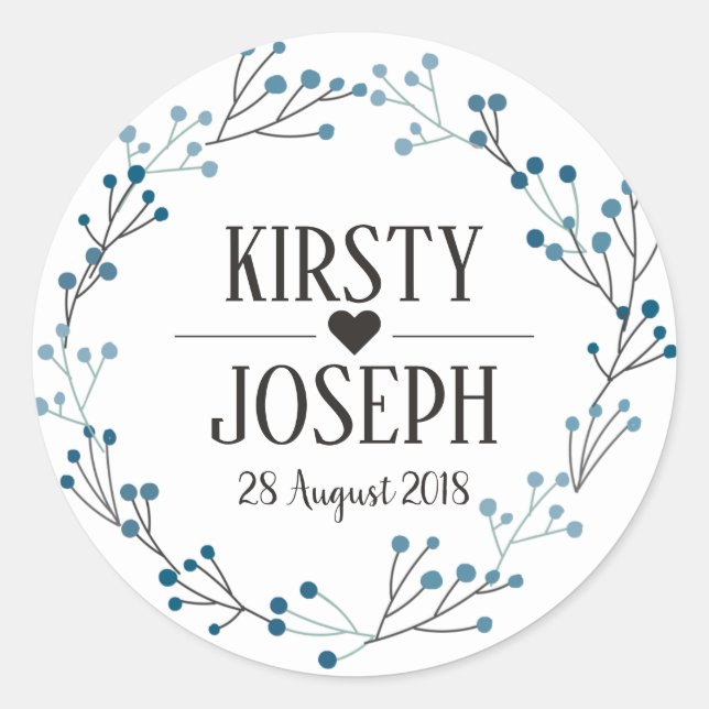 Blue Floral Wreath Monogram Wedding Sticker (Front)