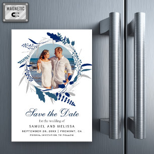 Blue Floral Wreath Photo Wedding Save the Date Magnetic Invitation