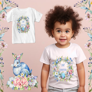 Blue Floral Wreath Rabbit Pink Flowers 1st Easter  Baby T-Shirt