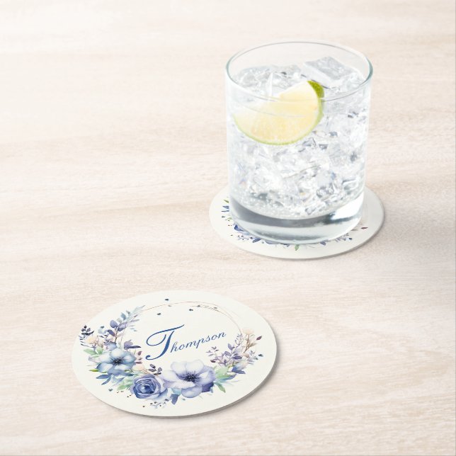 Blue Floral Wreath Round Paper Coaster (Insitu)