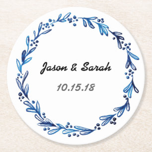Blue Floral Wreath Round Paper Coaster