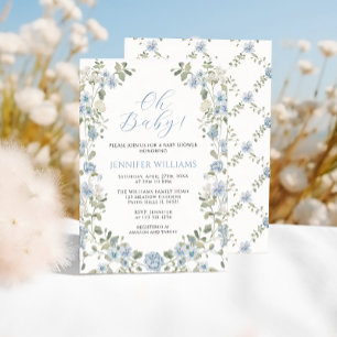 Blue Floral Wreath Spring Summer Baby Boy Shower Invitation