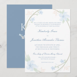 Blue Floral Wreath Wedding Invitaton Invitation