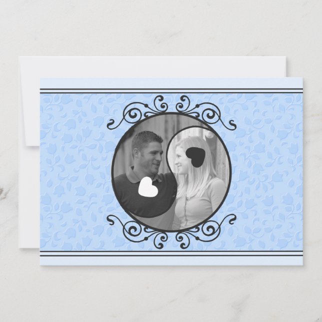 Blue Floral Yin & Yang Photo Wedding Invitation (Front)