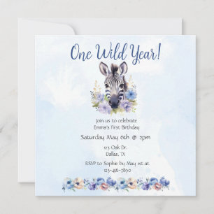 Blue Floral Zebra Birthday Invitation