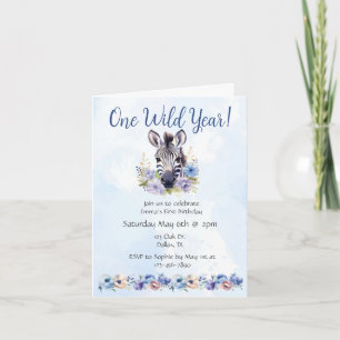 Blue Floral Zebra Birthday Invitation