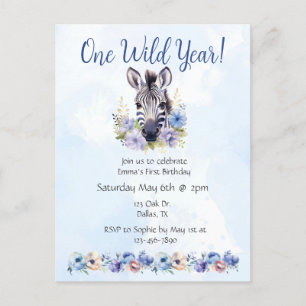 Blue Floral Zebra Birthday  Invitation Postcard