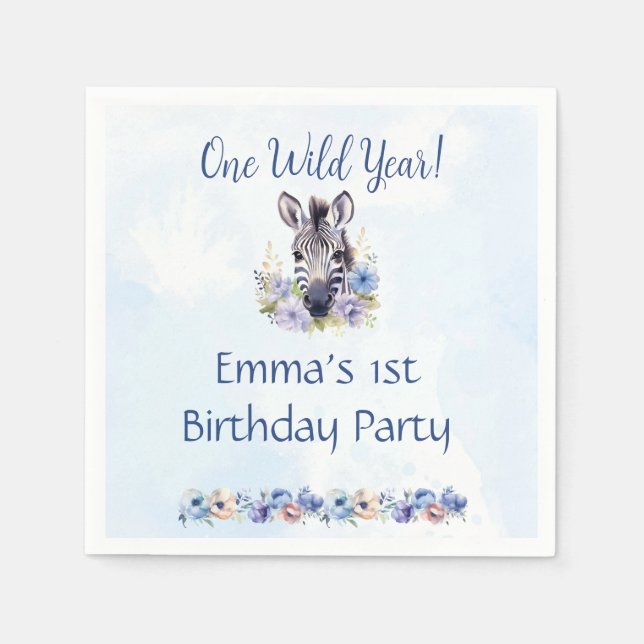Blue Floral Zebra Birthday  Napkin (Front)