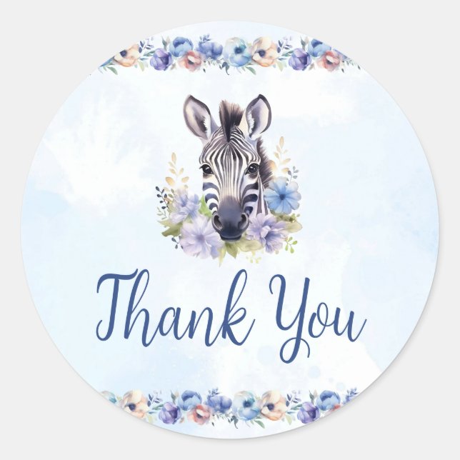Blue Floral Zebra Thank You Sticker (Front)