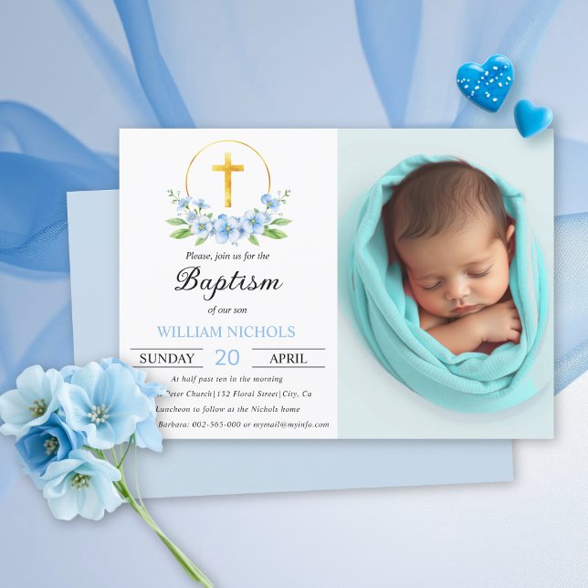 Blue florals and gold cross boy baptism photo invitation (Creator Uploaded)