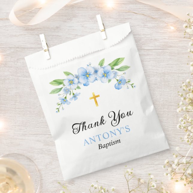 Blue florals and gold cross boy baptism Thank You Favour Bags (Clipped)