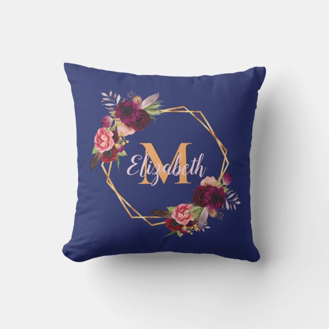Blue florals burgundy gold geometric monogram cushion (Front)