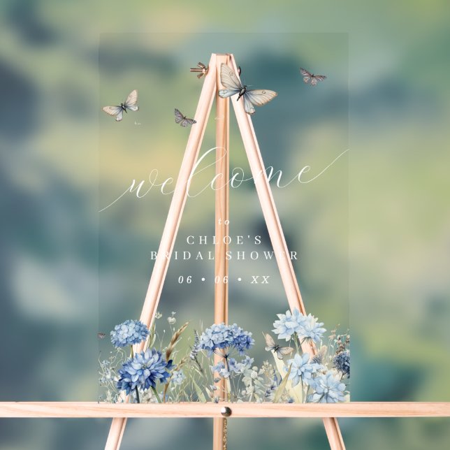 Blue Florals & Butterflies Bridal Shower Welcome Acrylic Sign (Neutral)