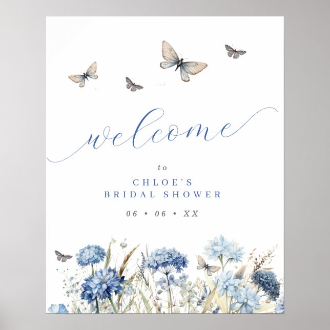 Blue Florals & Butterflies Bridal Shower Welcome Poster (Front)
