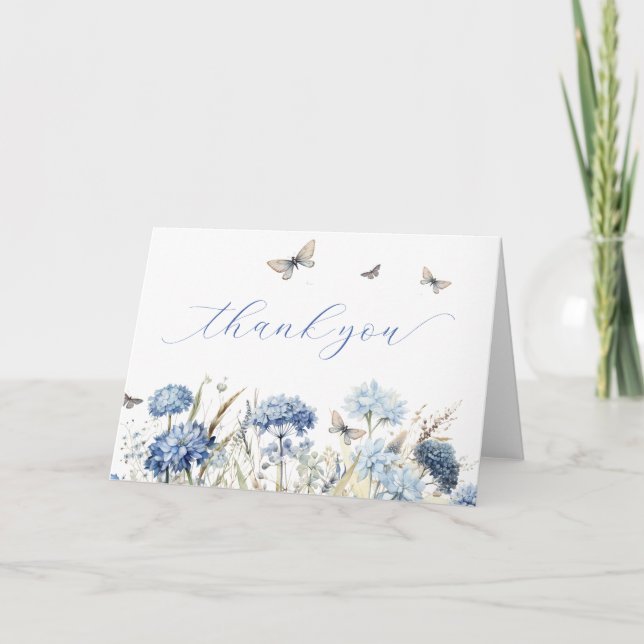 Blue Florals & Butterflies Calligraphy Thank You  (Front)