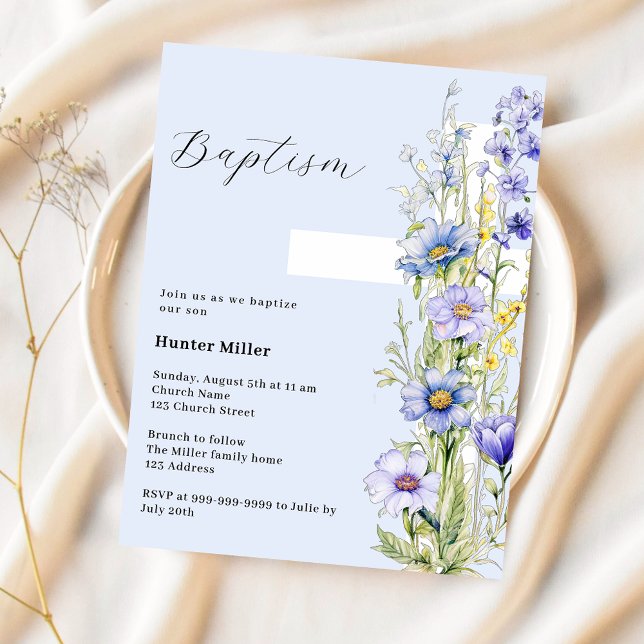 Blue florals cross boy Baptism invitation (Creator Uploaded)