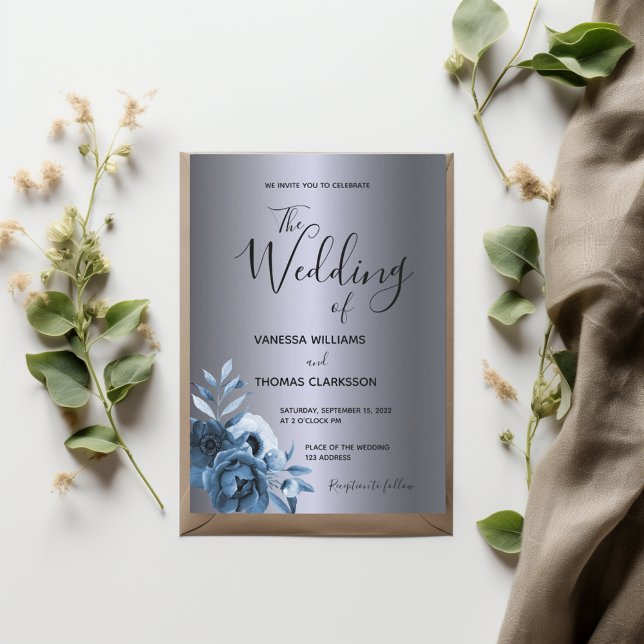 Blue florals dark silver metallic wedding invitation (Creator Uploaded)