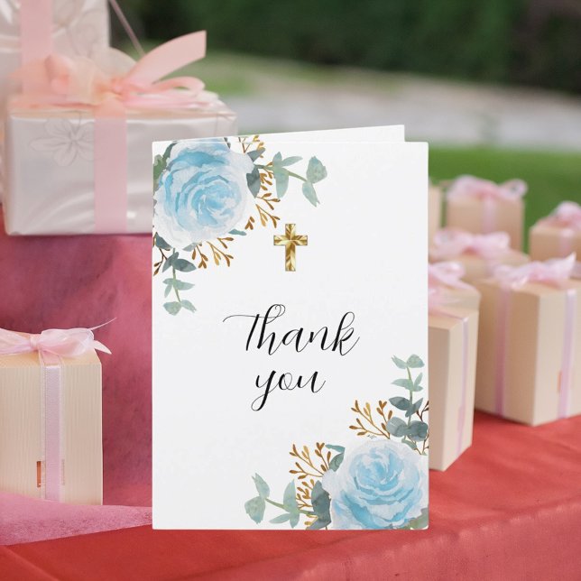 Blue florals eucalyptus cross photo christening thank you card (Creator Uploaded)