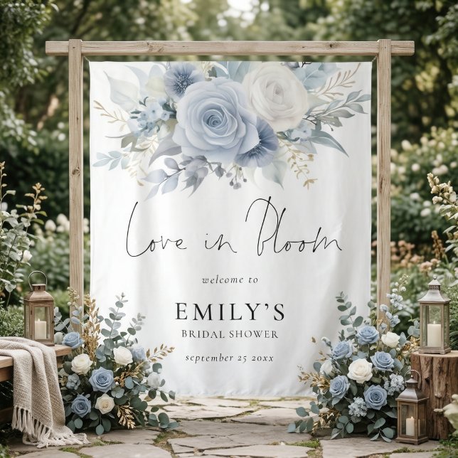 Blue Florals Fabric Welcome Bridal Shower Backdrop Tapestry (Creator Uploaded)