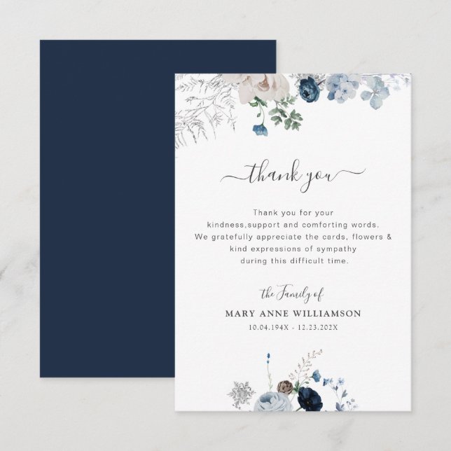 blue florals funeral thank you note (Front/Back)