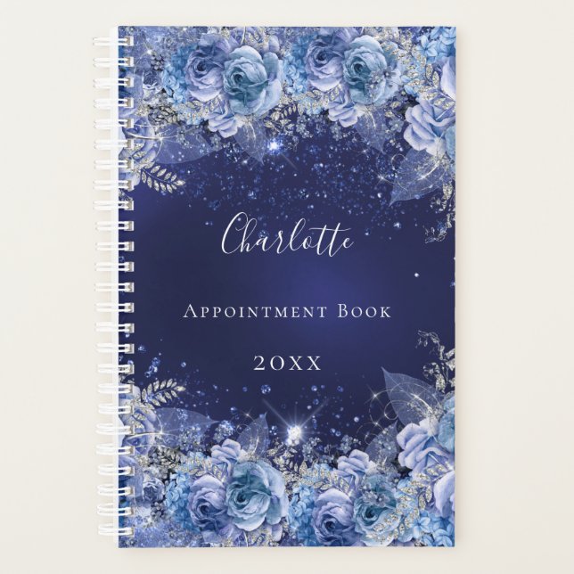 Blue florals glitter name elegant planner (Front)