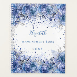 Blue florals glitter name white planner