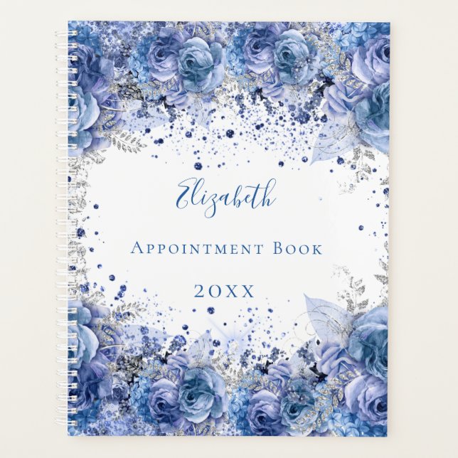Blue florals glitter name white planner (Front)