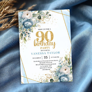 Blue Florals Gold Border 90th Birthday Invitation