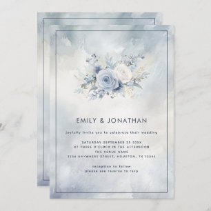Blue Florals Grey Watercolor Wash QR Code Wedding Invitation
