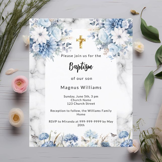 Blue florals marble arch baptism invitation (Creator Uploaded)