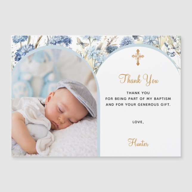 Blue florals photo Baptism magnet Thank You card (Front)