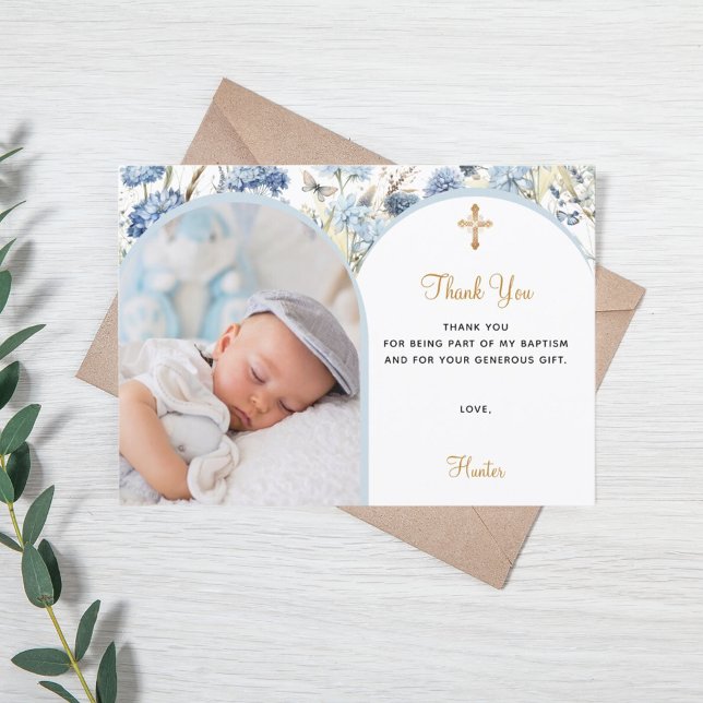 Blue florals photo boy gold cross Baptism  Thank You Card (Creator Uploaded)