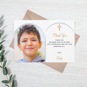 Blue florals photo boy gold cross First Communion Thank You Card
