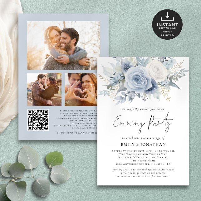 Blue Florals QR 3 Photos Wedding Evening Party Invitation (Front and back view)