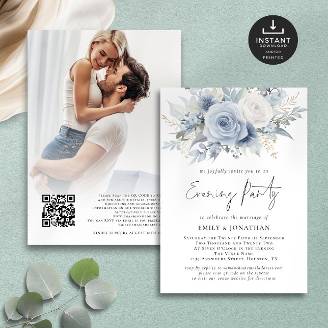 Blue Florals QR Photo Wedding Evening Party Invitation (Front and back view)